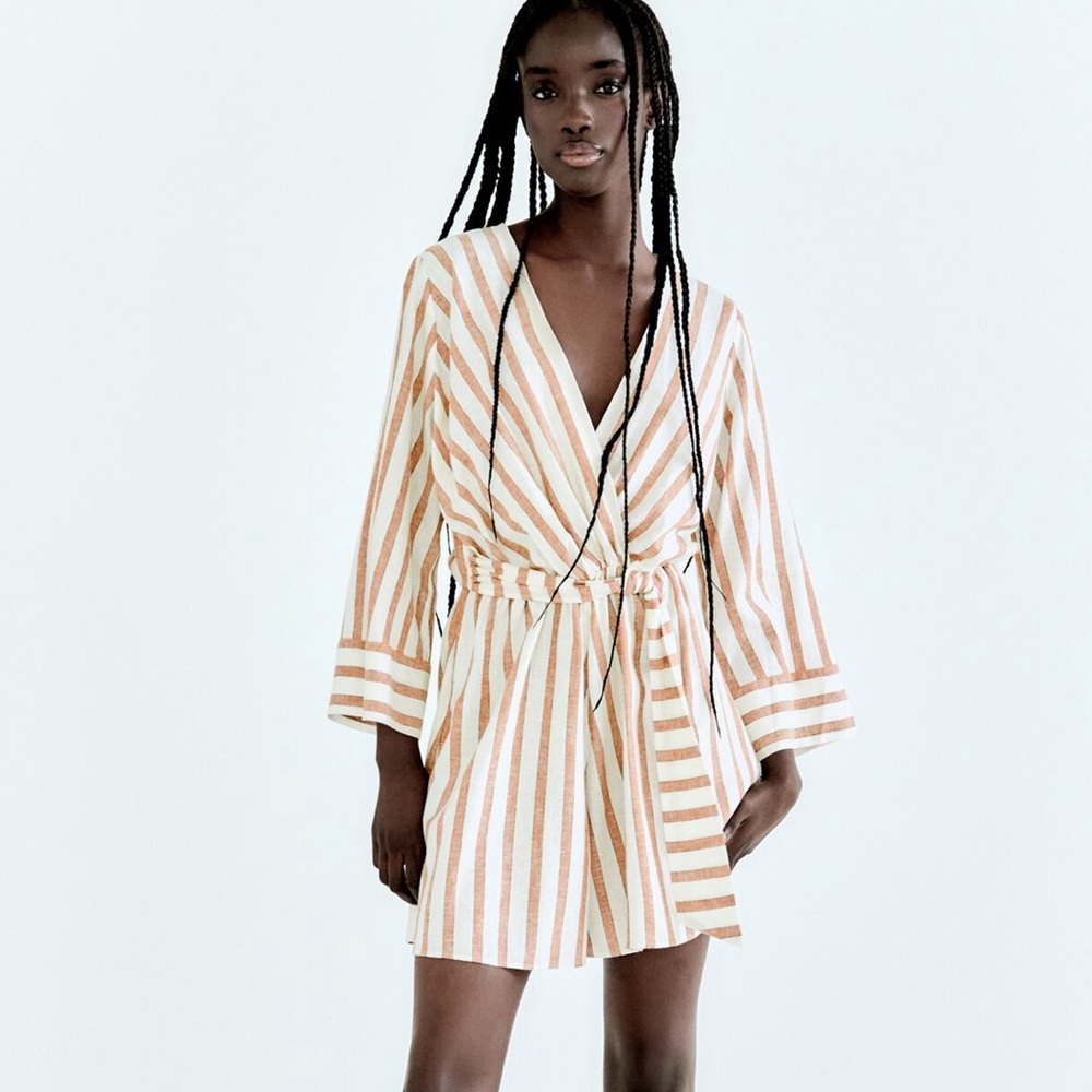 ZARA KNOTTED LINEN BLEND SHORT JUMPSUIT